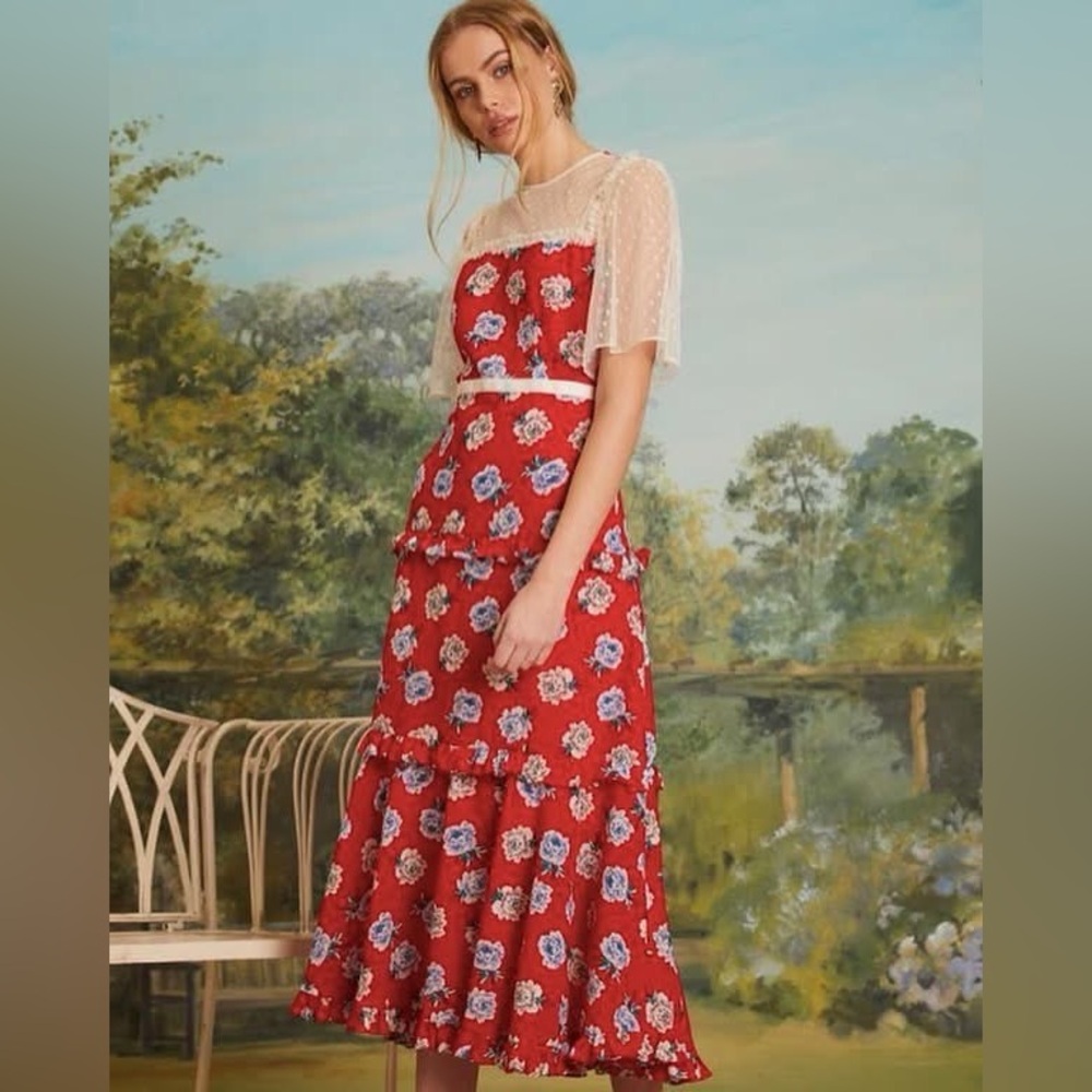 Sister Jane Red Floral Midi Dress with Sheer Cream Overlay